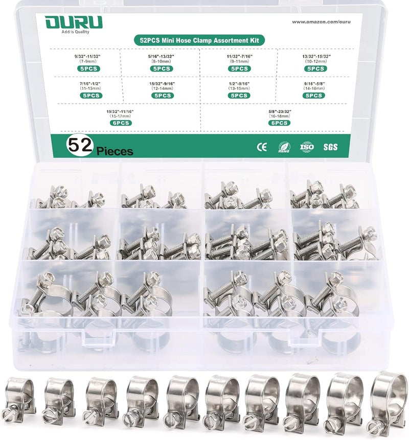 ORU 52PCS Fuel Line Clamp Assortment Kit 304 Stainless Steel,10 Sizes Adjustable 9/32"-23/32" Dia (7-18mm) Mini Fuel Injection Gas Line Hose Clamps,Pipe Clamp for Automotive,Diesel Petrol Pipe - Image 1